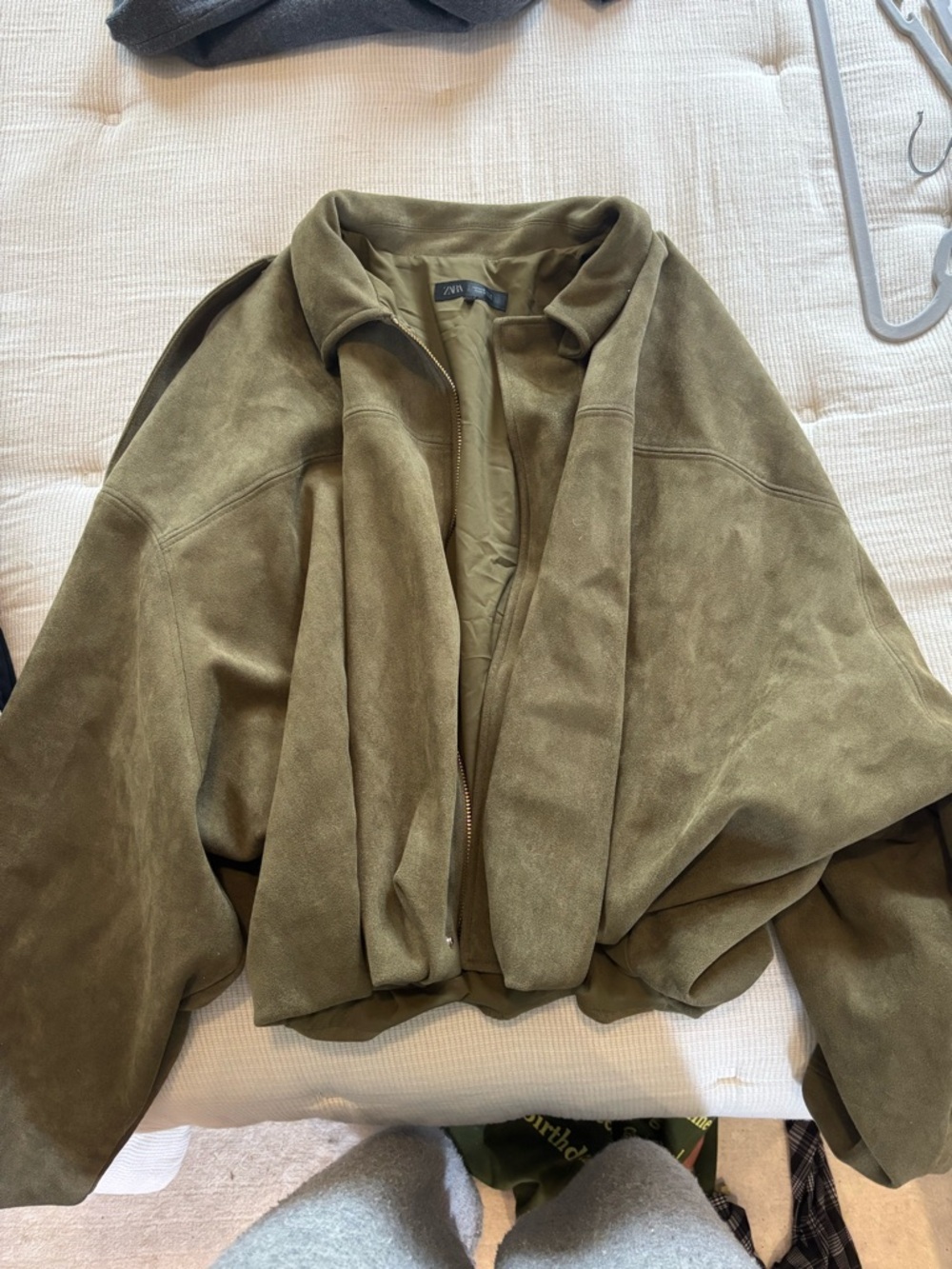 Zara Olive Green Suede Bomber Jacket